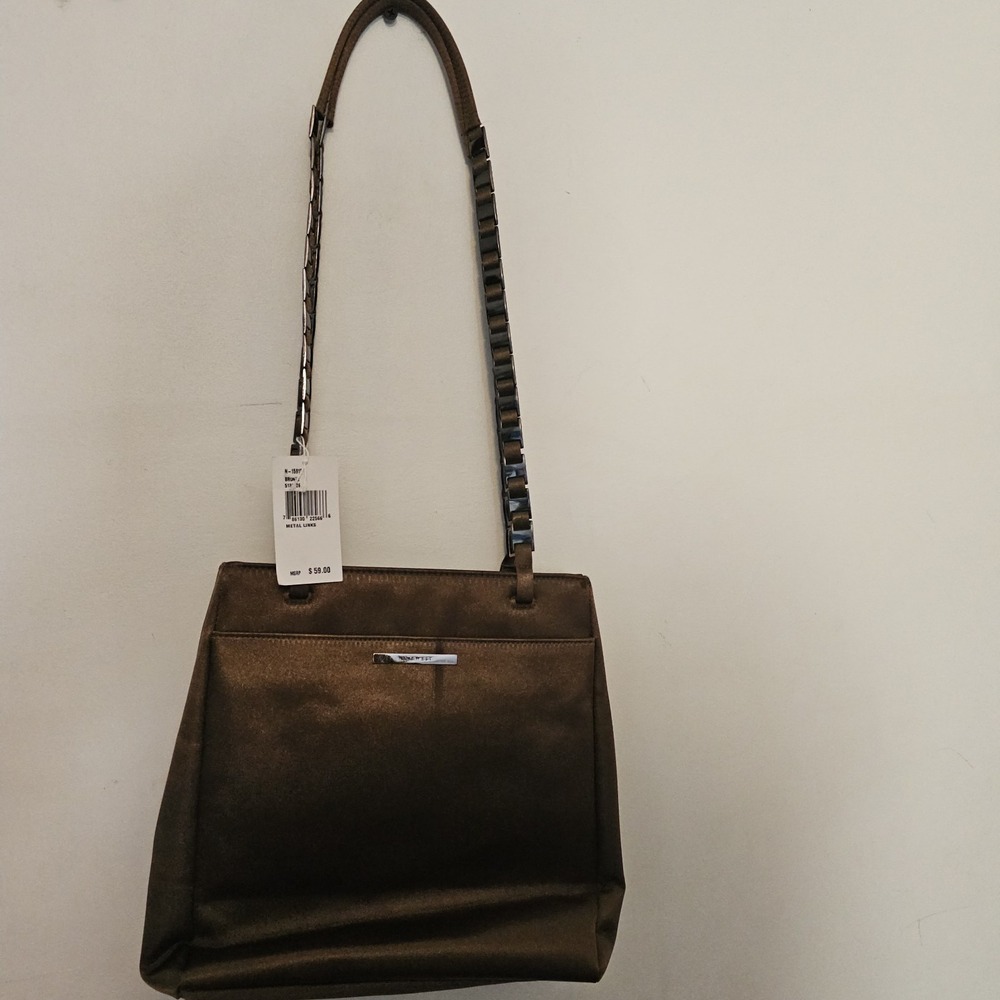 NWT Y2K Nine West Metallic Bronze Baguette Bag Silver Chain Detail